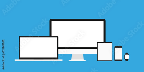 Device mockup vector isolated templates. Flat design illustration. Responsive design website. Personal computer laptop tablet phone and watch screen mockup.