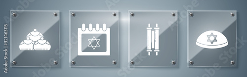 Set Jewish kippah with star of david, Torah scroll, Jewish calendar with star of david and Jewish sweet bakery. Square glass panels. Vector