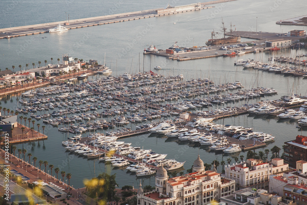 Alicante port panorama from a height, yachts, boats moored