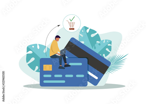 Mobile banking concept illustration of people sitting on credit cards and using mobile smart phone for online banking and accounting. Flat men and women with credit cards
