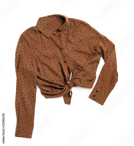 Beautiful brown blouse isolated on white, top view