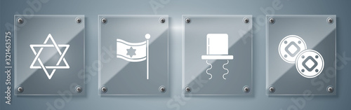 Set Jewish coin, Orthodox jewish hat with sidelocks, Flag of Israel and Star of David. Square glass panels. Vector