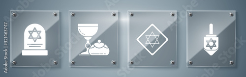 Set Hanukkah dreidel, Star of David, Jewish goblet and hanukkah sufganiyot and Tombstone with star of david. Square glass panels. Vector