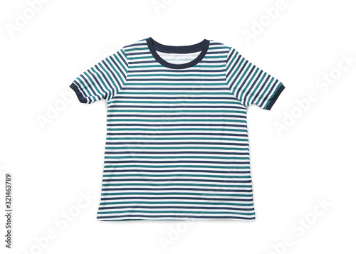 Modern striped t-shirt isolated on white, top view