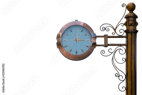 Street clock isolated on white background. Classic style streeet clock. 3 o'clock.