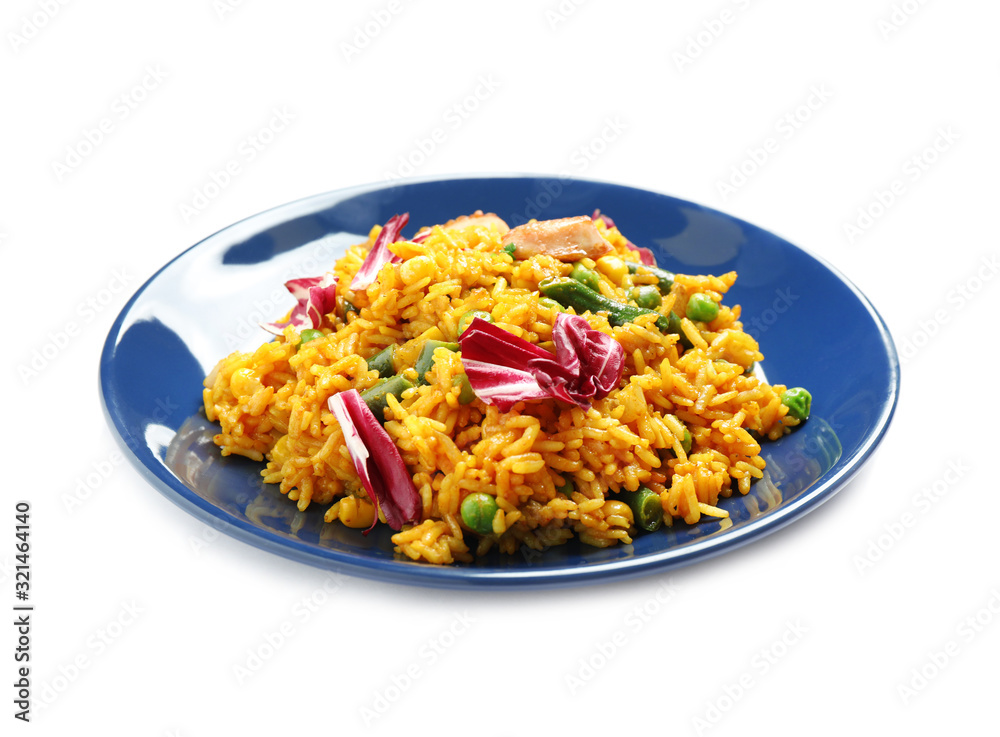 Delicious rice pilaf with vegetables isolated on white Delicious rice pilaf with vegetables isolated on white