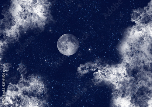 Night sky with clouds, moon and stars background.