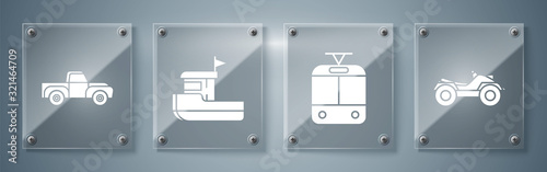 Set All Terrain Vehicle or ATV motorcycle, Tram and railway, Fishing boat and Pickup truck. Square glass panels. Vector