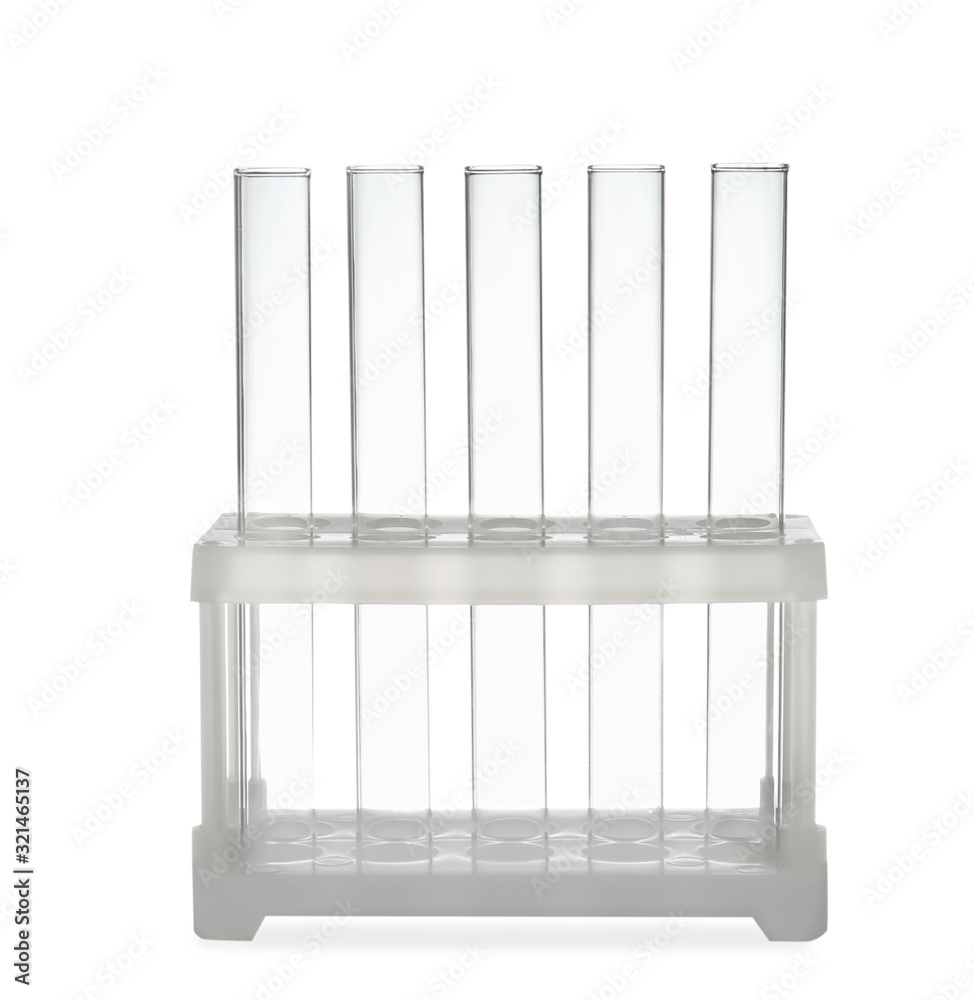 Empty test tubes in rack isolated on white. Laboratory glassware