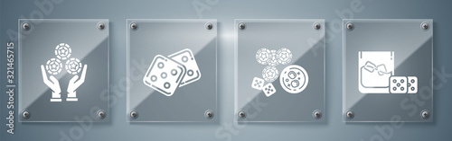 Set Game dice and glass of whiskey with ice cubes, Casino chips, game dice and glass of whiskey with ice cubes, Game dice and Hand holding casino chips. Square glass panels. Vector