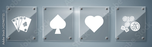 Set Casino chips, game dice and glass of whiskey with ice cubes, Playing card with heart symbol, Playing card with spades symbol and Playing cards. Square glass panels. Vector