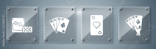 Set Hand holding playing cards, Playing card with heart symbol, Playing cards and Game dice and glass of whiskey with ice cubes. Square glass panels. Vector