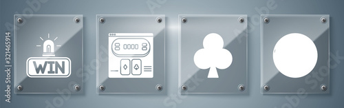Set Casino roulette wheel, Playing card with clubs symbol, Online poker table game and Casino win. Square glass panels. Vector
