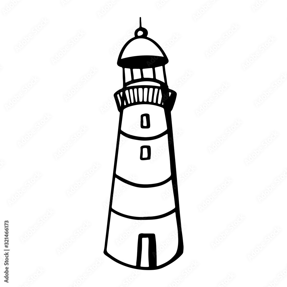 Digital illustration cute doodle black outline freehand single striped lighthouse. Print for stickers, wrapping paper, baby fabrics, cards, banners, web design.