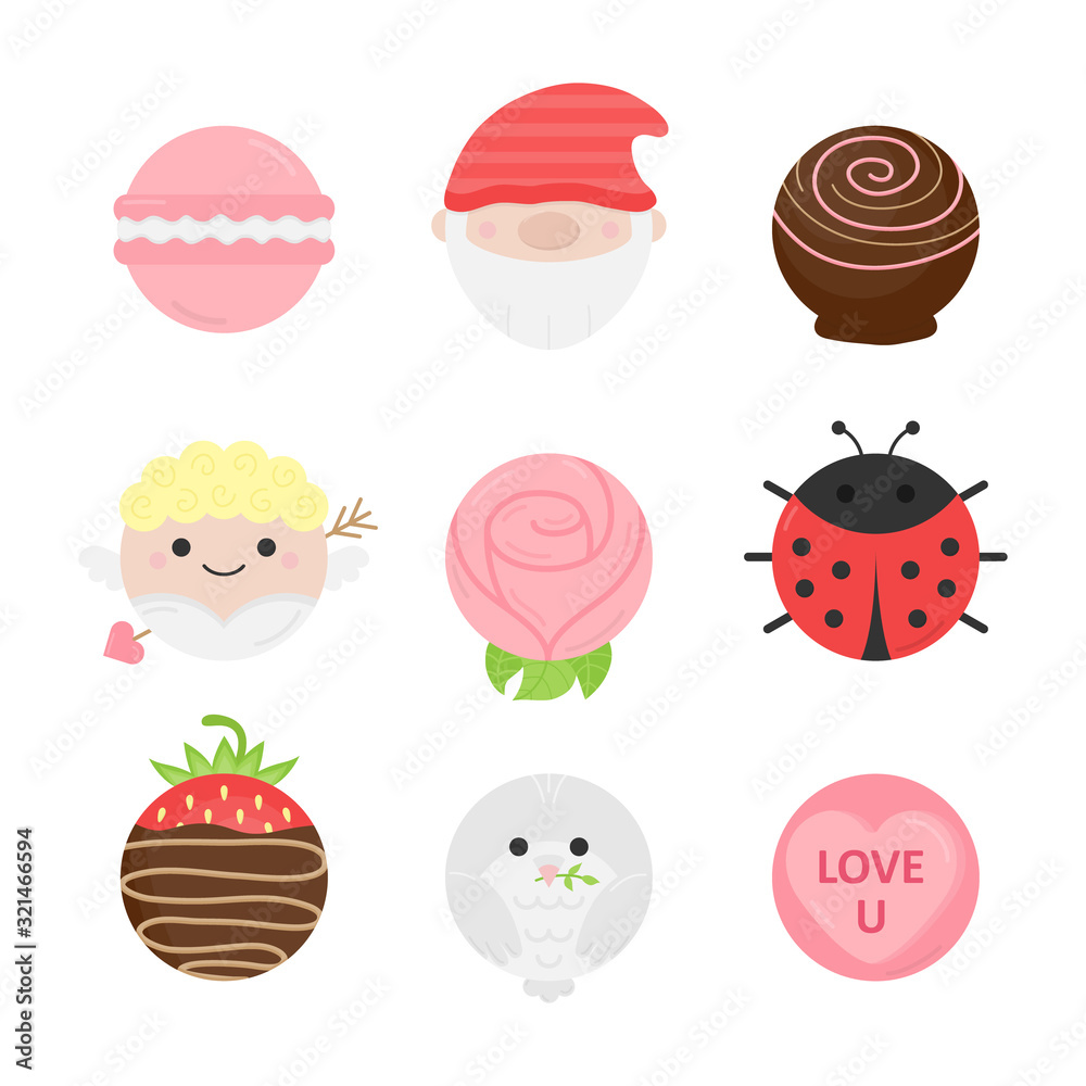 Cute Valentine's Day round characters vector illustration collection. Lovely, holiday, circle symbols, items. Isolated cartoon graphic icons.