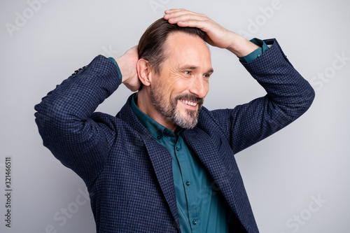 I am macho. Photo of aged business man holding hands on prefect hairdo looking mirror formalwear blazer shirt blue checkered luxury suit isolated grey color background