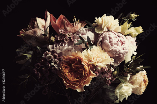 Slika na platnu Beautiful bouquet of different flowers on black background