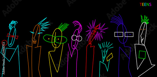 teenager characters, crowd of vivid colored teens on the black background, teens contemporary idea,