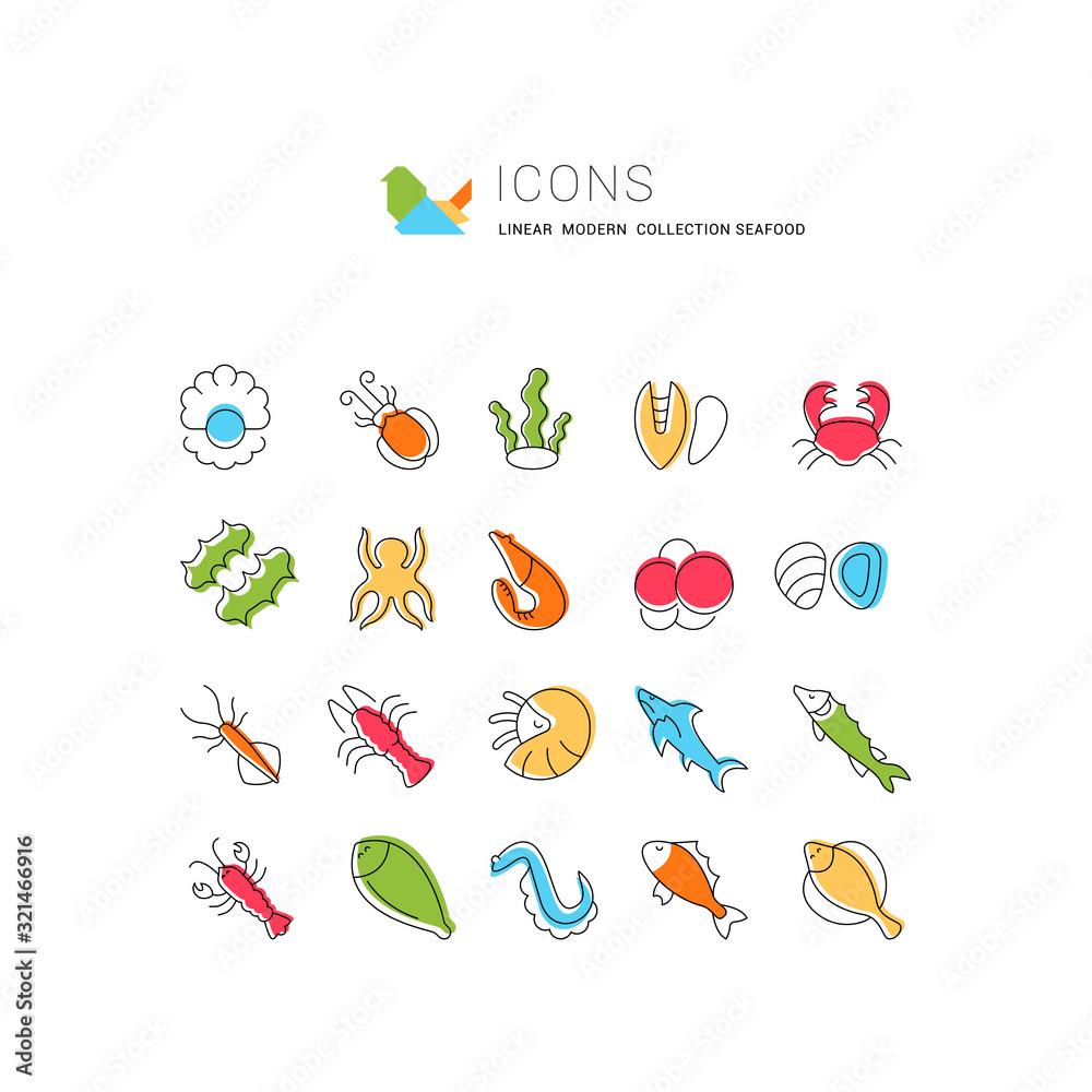Obraz premium Set Vector Line Icons of Seafood
