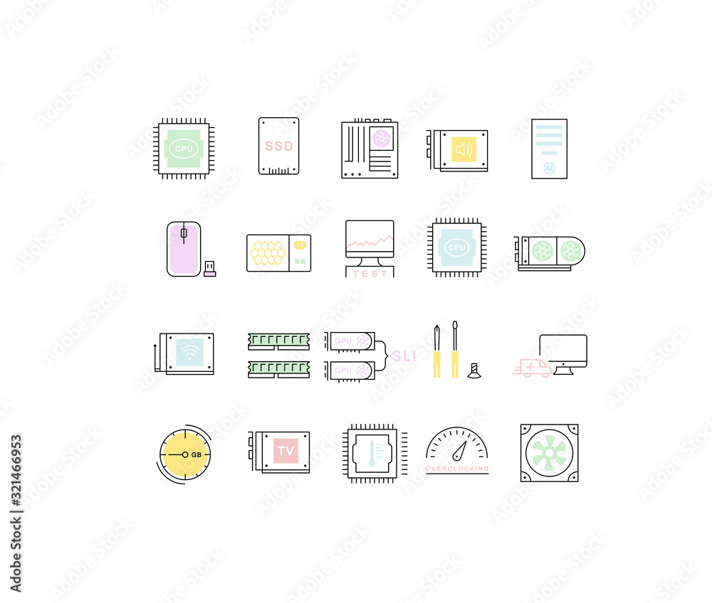 Set Vector Flat Line Icons Upgrading Computer Set Vector Flat Line Icons Upgrading Computer
