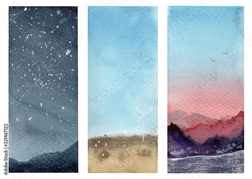 Slika na platnu three different nature watercolor landscapes: at night, at the morning, and midd