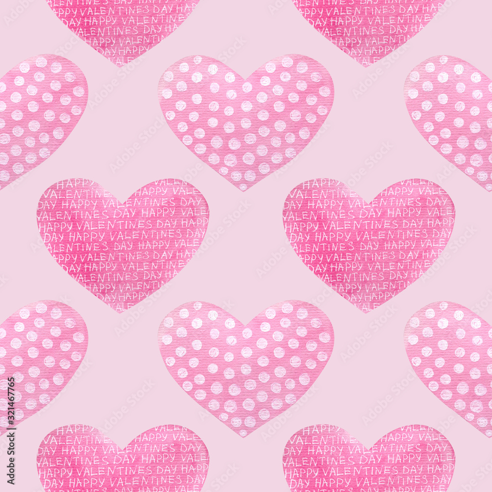 Watercolor pattern with rose hearts with white ornament. Hand drawn. Good for card, poster, print, fabric, wrapping paper design