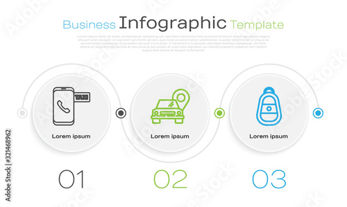 Set line Taxi call telephone service, Map pointer with taxi and Car key with remote. Business infographic template. Vector