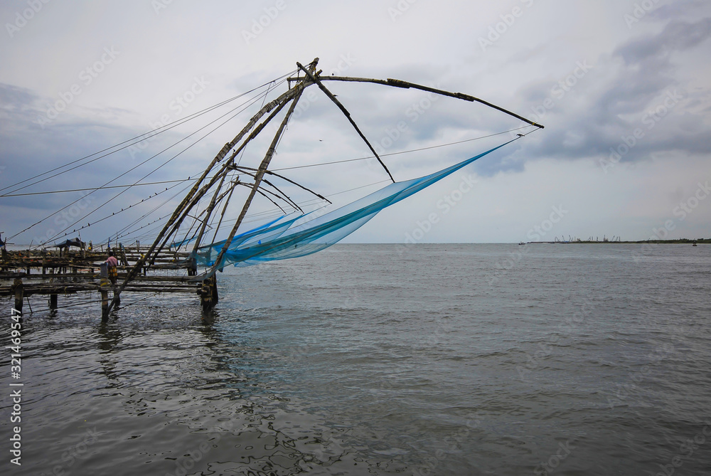 Chinese fishing nets or cheena vala are a type of stationary lift net,  located in Fort Kochi in Cochin, India Stock Photo