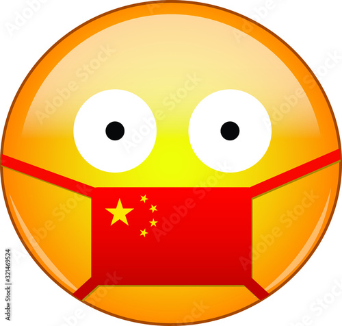 Chinese emoji in a medical mask protecting from SARS, coronavirus, bird flu and other viruses, germs and bacteria and contagious disease as well as toxic smog and air pollution.