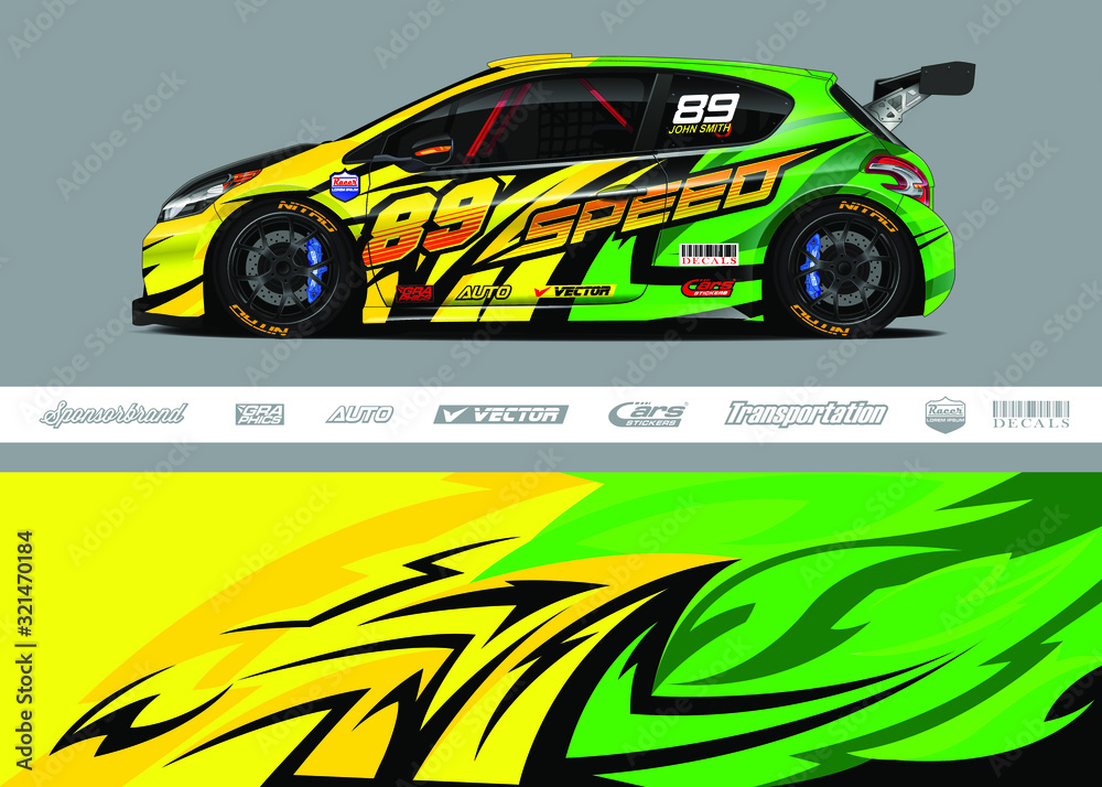 Race car livery design vector. Graphic abstract stripe racing background designs for vinyl wrap, race car, cargo van, pickup truck and adventure. Full vector Eps 10.
