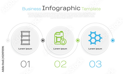 Set line Barrel oil, Canister for motor machine oil and Chemical formula consisting of benzene rings. Business infographic template. Vector