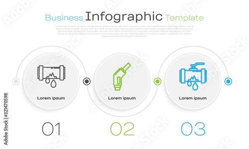 Set line Broken metal pipe with leaking water, Gasoline pump nozzle and Broken metal pipe with leaking water. Business infographic template. Vector