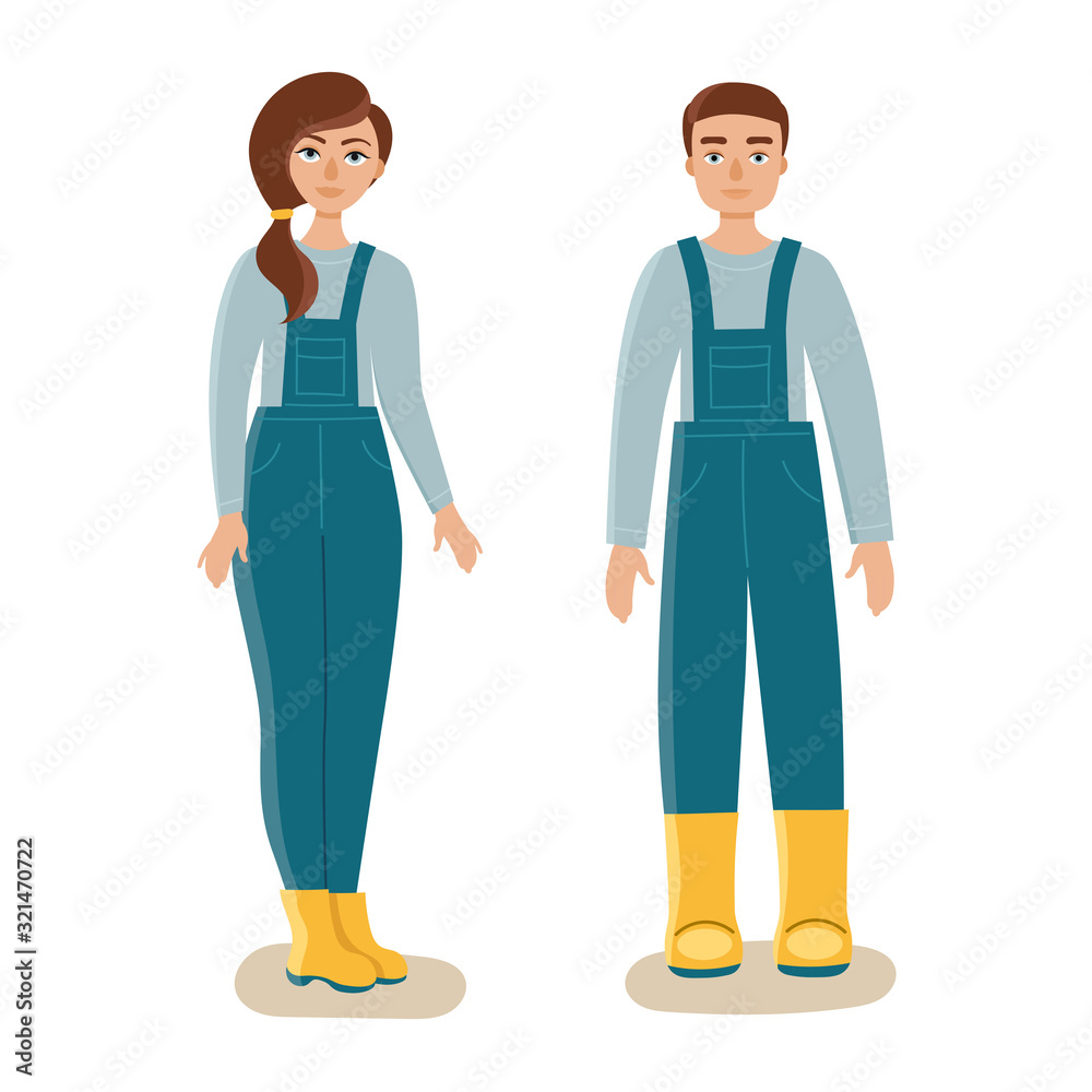 Young man and woman in overalls and rubber boots.Workwear, work clothes.Gardening.Flat isolated vector on white background