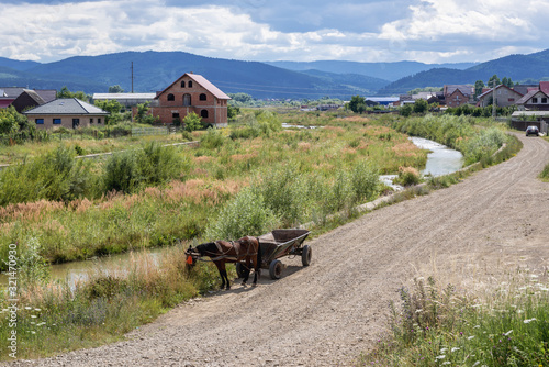 Fototapeta Horse drawn wagon on a road in Romanian village of Marginea, famous for the trad