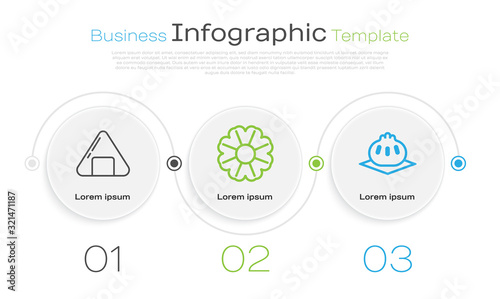 Set line Sushi, Flower and Khinkali on cutting board. Business infographic template. Vector