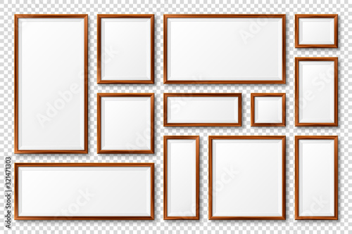 Realistic blank wooden picture frames collection. Modern poster mockup. Empty photo frame with texture of wood. Art gallery. Vector illustration.