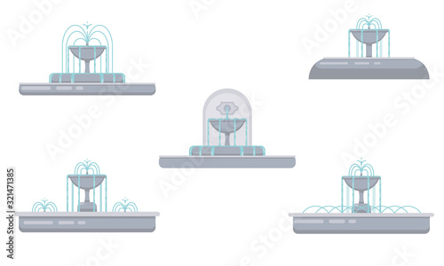 Flat vector illustration of fountain with bowls, cascade and water splash. Element for city, town illustration. Isolated on white background