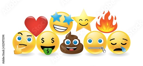 Set of emoticon design elements on white depicting thought, money, stars in the eyes, smiling star, smoking, crying, vector illustration