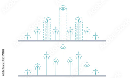 Flat vector illustration of long city fountain with nine water jets based on the ground. Two positions of water splash. Element for city, town illustration. Isolated on white background