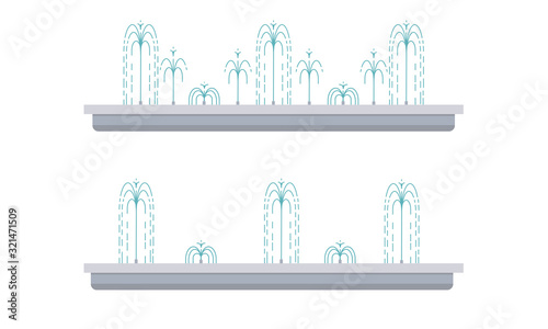 Flat vector illustration of long city fountain with five water jets. Two positions of water splash. Element for city, town illustration. Isolated on white background