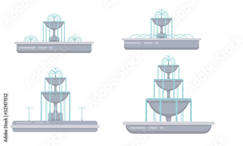 Flat vector illustration of fountain with bowls, cascade and water splash. Element for city, town illustration. Isolated on white background