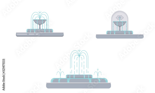 Flat vector illustration of fountain with bowls, cascade and water splash. Element for city, town illustration. Isolated on white background