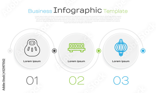 Set line Maneki neko cat, Sushi on cutting board and Japanese paper lantern. Business infographic template. Vector