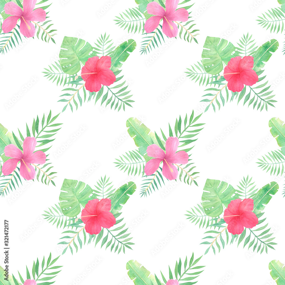 Tropical flowers seamless pattern on white background.Watercolor exotic flowers and leaves hand drawn background . Perfect for textile, fabric, covers. Hibiscus, palm leaves, monstera.