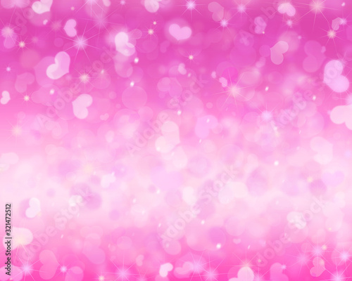 Abstract pink romantic background with hearts and bokeh. White glitter effect.