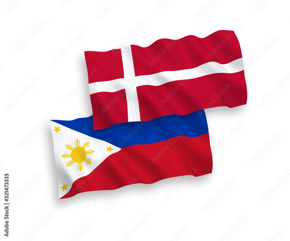 National vector fabric wave flags of Denmark and Philippines isolated on white background. 1 to 2 proportion. National vector fabric wave flags of Denmark and Philippines isolated on white background. 1 to 2 proportion.