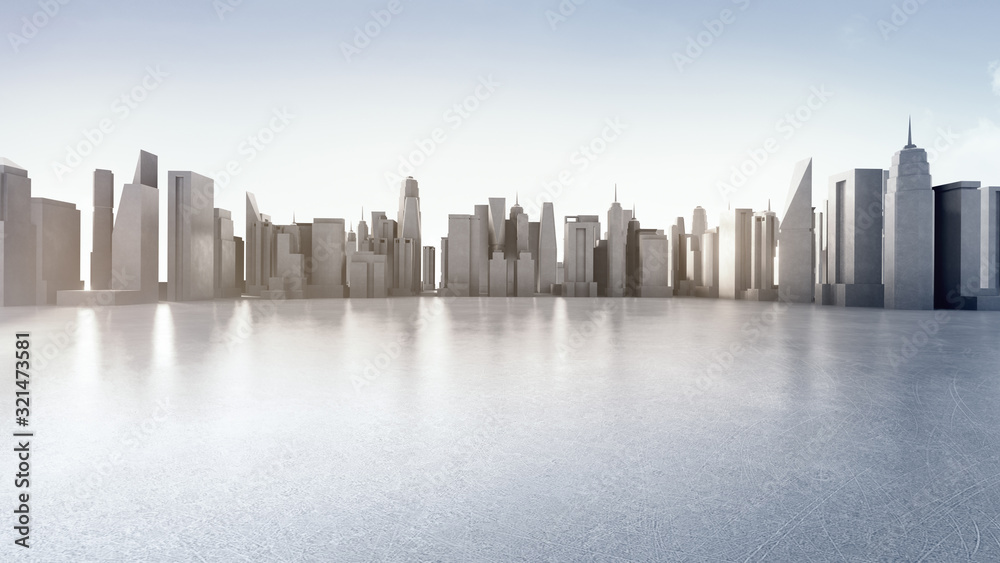 Obraz premium Empty concrete floor in smart city. 3d rendering of outdoor space and future architecture with clear sky background.