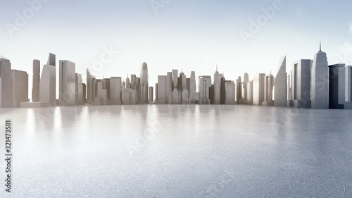 Empty concrete floor in smart city. 3d rendering of outdoor space and future architecture with clear sky background.