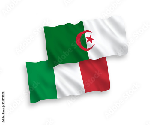 National vector fabric wave flags of Italy and Algeria isolated on white background. 1 to 2 proportion.