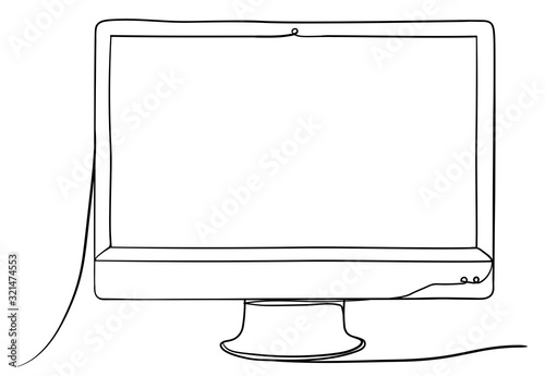 Computer Monitor Hand Drawn Continuous Line Art Vector Illustration. Isolated on White Background.